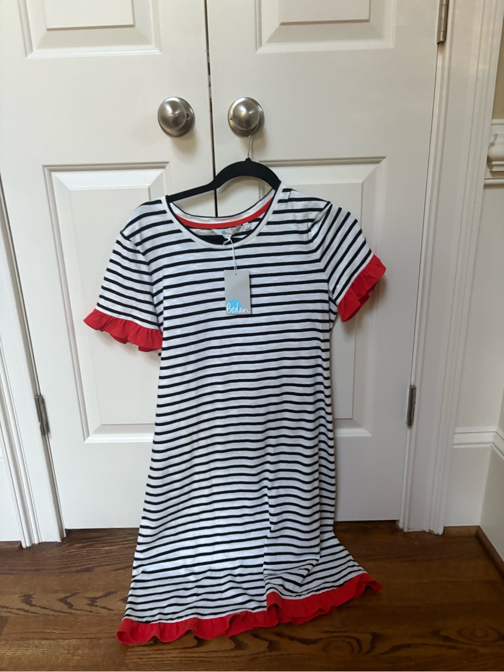 Boden Navy & White Striped Short Sleeve Tee with Red Trim